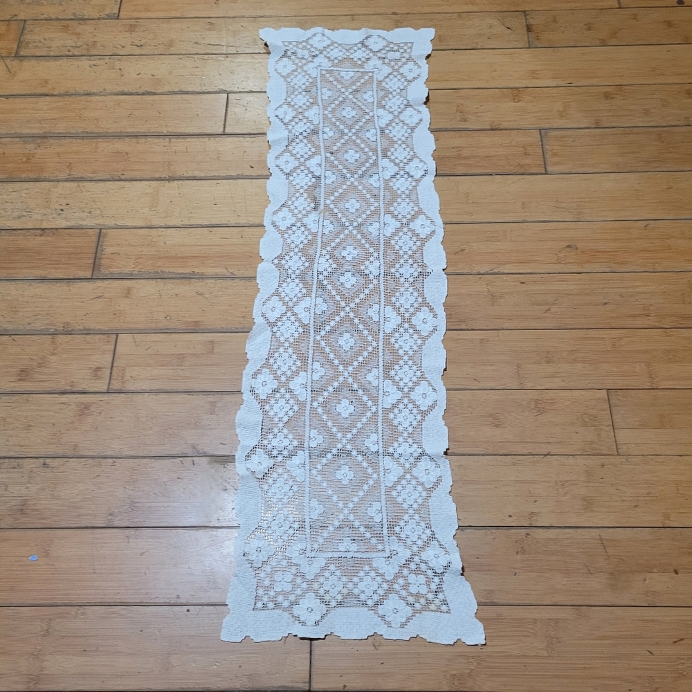 Vintage Crocheted Delicate Lace Beige Table Runner 42" x 13"